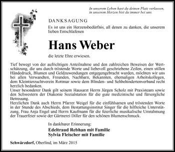 Traueranzeige von Hans Weber von Südthüringer Presse