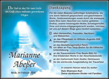 Traueranzeige von Marianne Abeßer von Südthüringer Presse