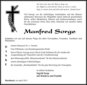 Traueranzeige von Manfred Sorge von Südthüringer Presse