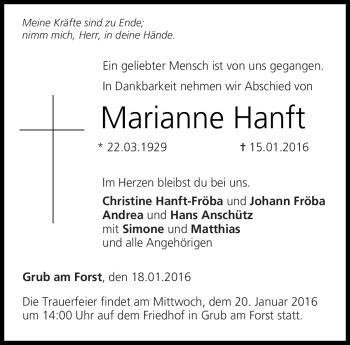 Traueranzeige von Marianne Hanft von Neue Presse Coburg