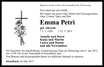 Traueranzeige von Emma Petri von Südthüringer Presse