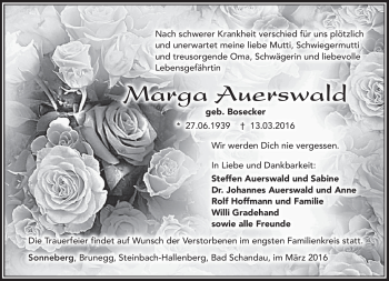 Traueranzeige von Marga Auerswald von Südthüringer Presse