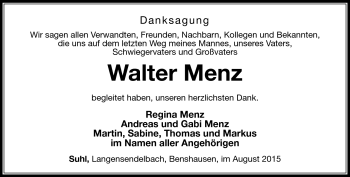 Traueranzeige von Walter Menz von Südthüringer Presse