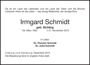 Traueranzeige von Irmgard Schmidt von Neue Presse Coburg