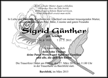 Traueranzeige von Sigrid Günther von Südthüringer Presse