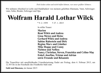 Traueranzeige von Wolfram Harald Lothar Wilck von Südthüringer Presse