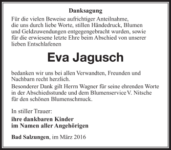 Traueranzeige von Eva Jagusch von Südthüringer Presse