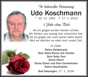 Traueranzeige von Udo Koschmann von Südthüringer Presse