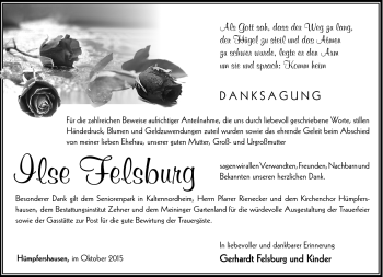 Traueranzeige von Ilse Felsburg von Südthüringer Presse