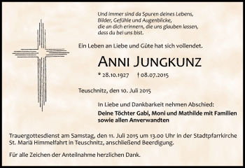 Traueranzeige von Anni Jungkunz von Neue Presse Coburg