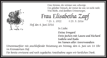 Traueranzeige von Elisabetha Zapf von Frankenpost
