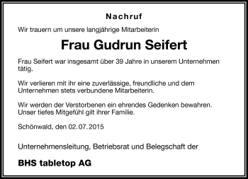 Traueranzeige von Gudrun Seifert von Frankenpost