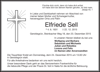 Traueranzeige von Elfriede Sell von Frankenpost