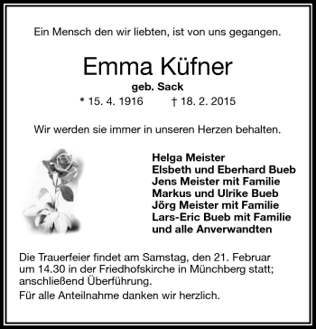 Traueranzeige von Emma Küfner von Frankenpost