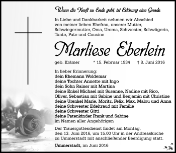 Traueranzeige von Marliese Eberlein von Südthüringer Presse