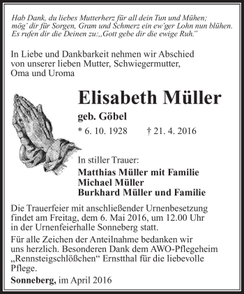 Traueranzeige von Elisabeth Müller von Südthüringer Presse