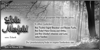 Traueranzeige von Lola Merfeld von Südthüringer Presse