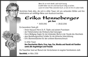 Traueranzeige von Erika Henneberger von Südthüringer Presse