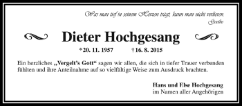 Traueranzeige von Dieter Hochgesang von Frankenpost