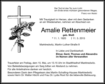 Traueranzeige von Amalie Rettenmeier von Frankenpost