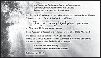 Traueranzeige von Ingeburg Kehrer von Südthüringer Presse