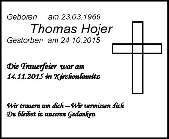 Traueranzeige von Thomas Hojer von Frankenpost
