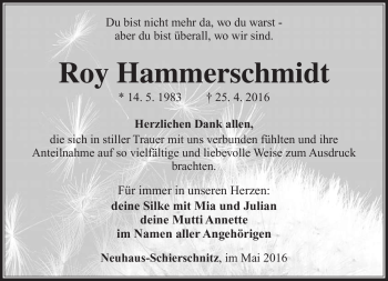 Traueranzeige von Roy Hammerschmidt von Südthüringer Presse