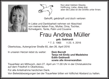 Traueranzeige von Andrea Müller von Frankenpost