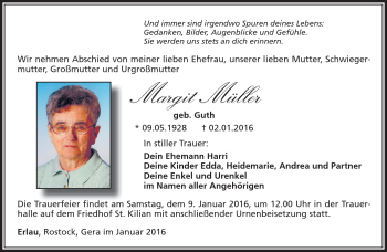 Traueranzeige von Margit Müller von Südthüringer Presse