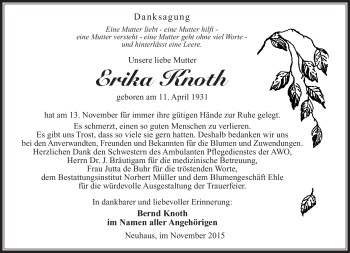 Traueranzeige von Erika Knoth von Südthüringer Presse