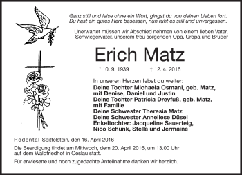 Traueranzeige von Erich Matz von Neue Presse Coburg