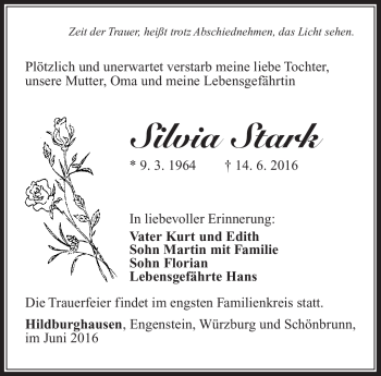 Traueranzeige von Silvia Stark von Südthüringer Presse