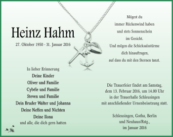 Traueranzeige von Heinz Hahm von Südthüringer Presse