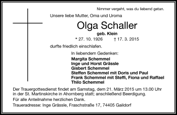 Traueranzeige von Olga Schaller von Frankenpost