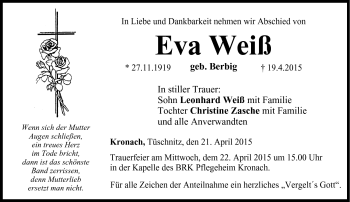 Traueranzeige von Eva Weiß von Neue Presse Coburg