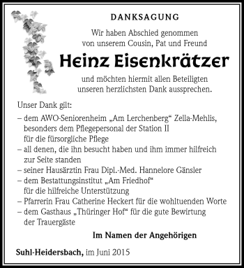 Traueranzeige von Heinz Eisenkrätzer von Südthüringer Presse