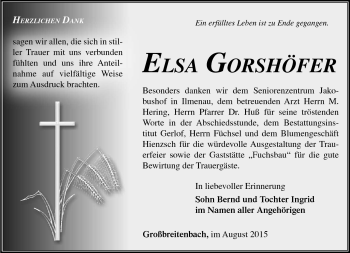 Traueranzeige von Elsa Gorshöfer von Südthüringer Presse