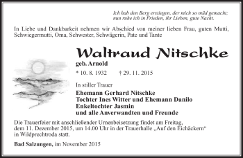 Traueranzeige von Waltraud Nitschke von Südthüringer Presse