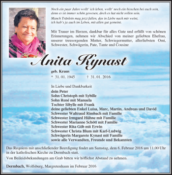 Traueranzeige von Anita Kynast von Südthüringer Presse