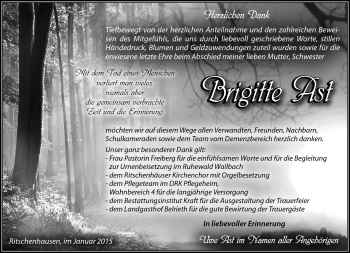 Traueranzeige von Brigitte Ast von Südthüringer Presse