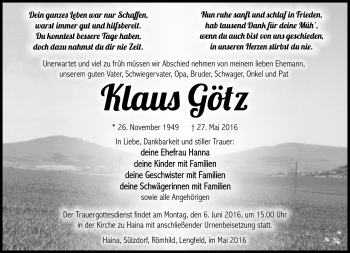 Traueranzeige von Klaus Götz von Südthüringer Presse