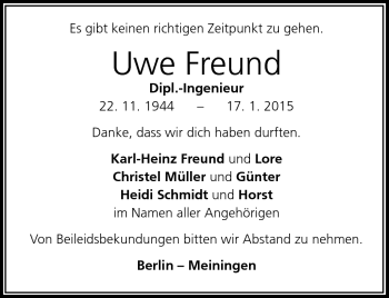 Traueranzeige von Uwe Freund von Südthüringer Presse