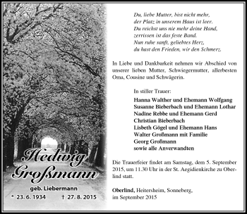 Traueranzeige von Hedwig Großmann von Südthüringer Presse
