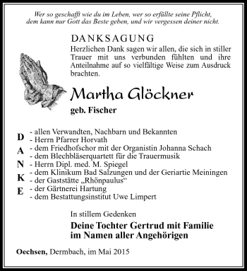 Traueranzeige von Martha Glöckner von Südthüringer Presse
