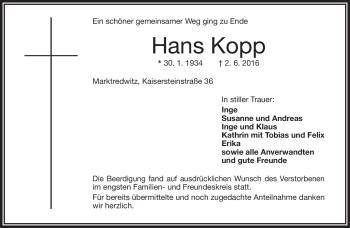 Traueranzeige von Hans Kopp von Frankenpost