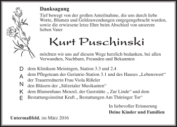 Traueranzeige von Kurt Puschinski von Südthüringer Presse