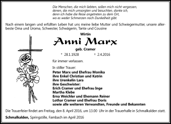 Traueranzeige von Anni Marx von Südthüringer Presse