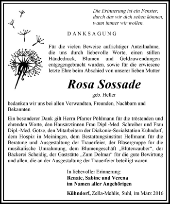 Traueranzeige von Rosa Sossade von Südthüringer Presse