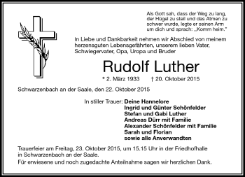 Traueranzeige von Rudolf Luther von Frankenpost