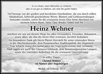 Traueranzeige von Heinz Wehner von Südthüringer Presse